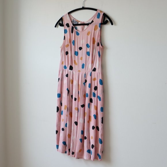 Dusen Dusen Silk Geometric Patterned Pink Tank Midi Dress, Size Small - Picture 2 of 15
